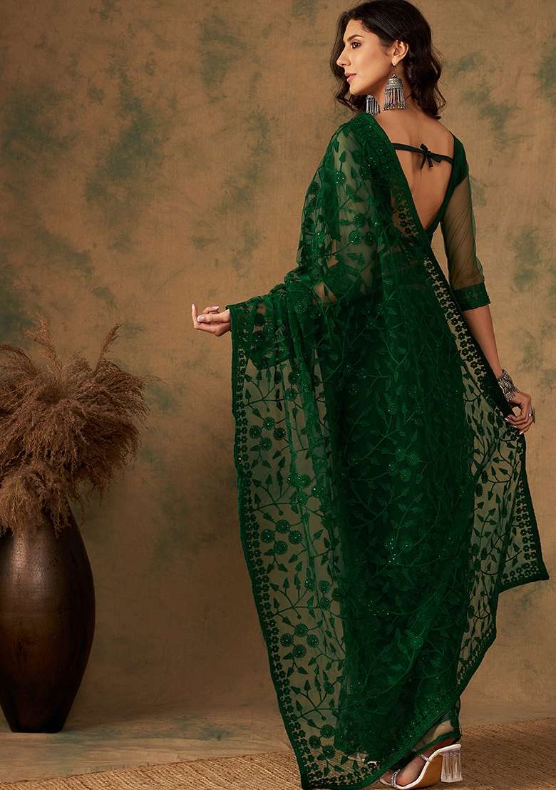 Olive Net Saree Set with Embroidered for Diwali | Wedding & Festive Wear - Indya