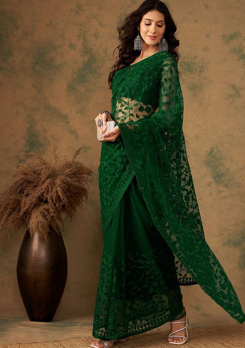 Olive Net Saree Set with Embroidered for Diwali | Wedding & Festive Wear - Indya