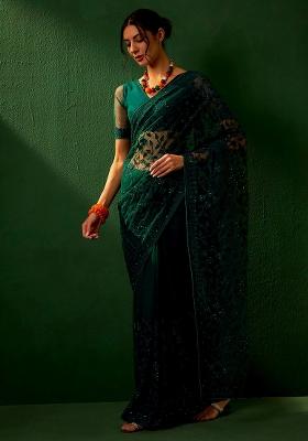 Teal Embroidered Net Saree Set