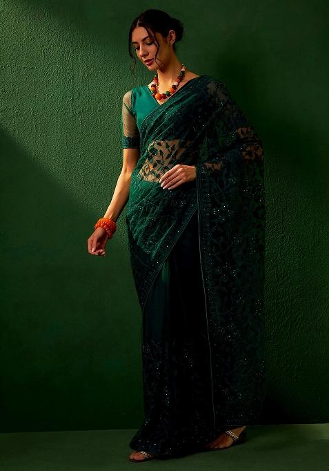 Teal Embroidered Net Saree Set
