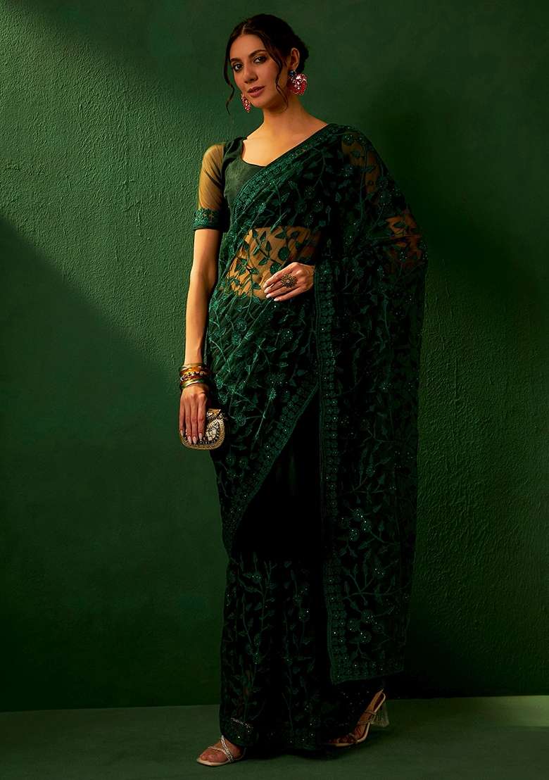 Green Embroidered Net Saree Set for Diwali and Festive Wear - Indya