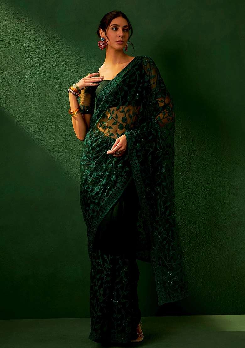 Green Embroidered Net Saree Set for Diwali and Festive Wear - Indya