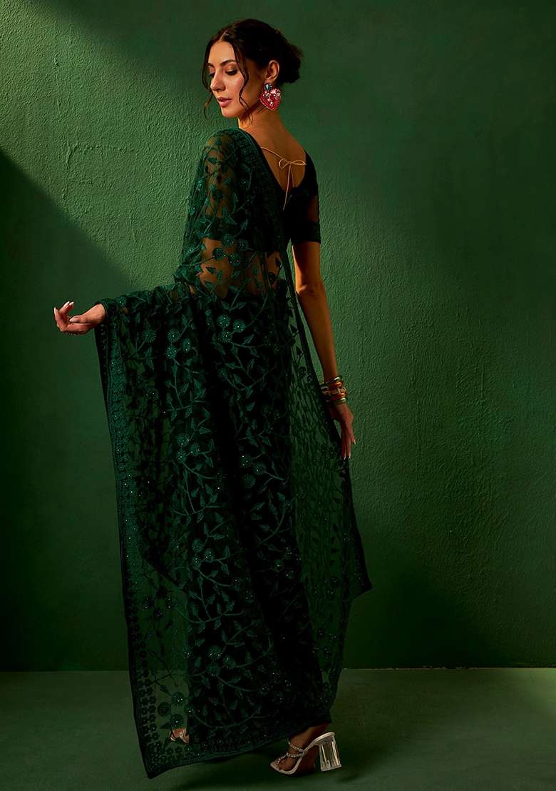 Green Embroidered Net Saree Set for Diwali and Festive Wear - Indya
