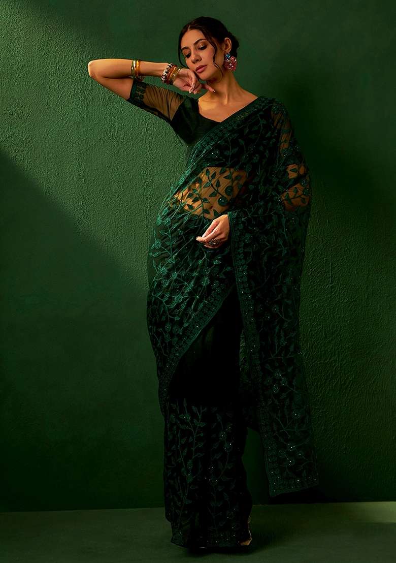 Green Embroidered Net Saree Set for Diwali and Festive Wear - Indya