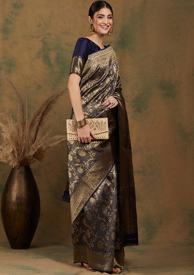 Navy Blue Embroidered Silk Saree Set - Indya