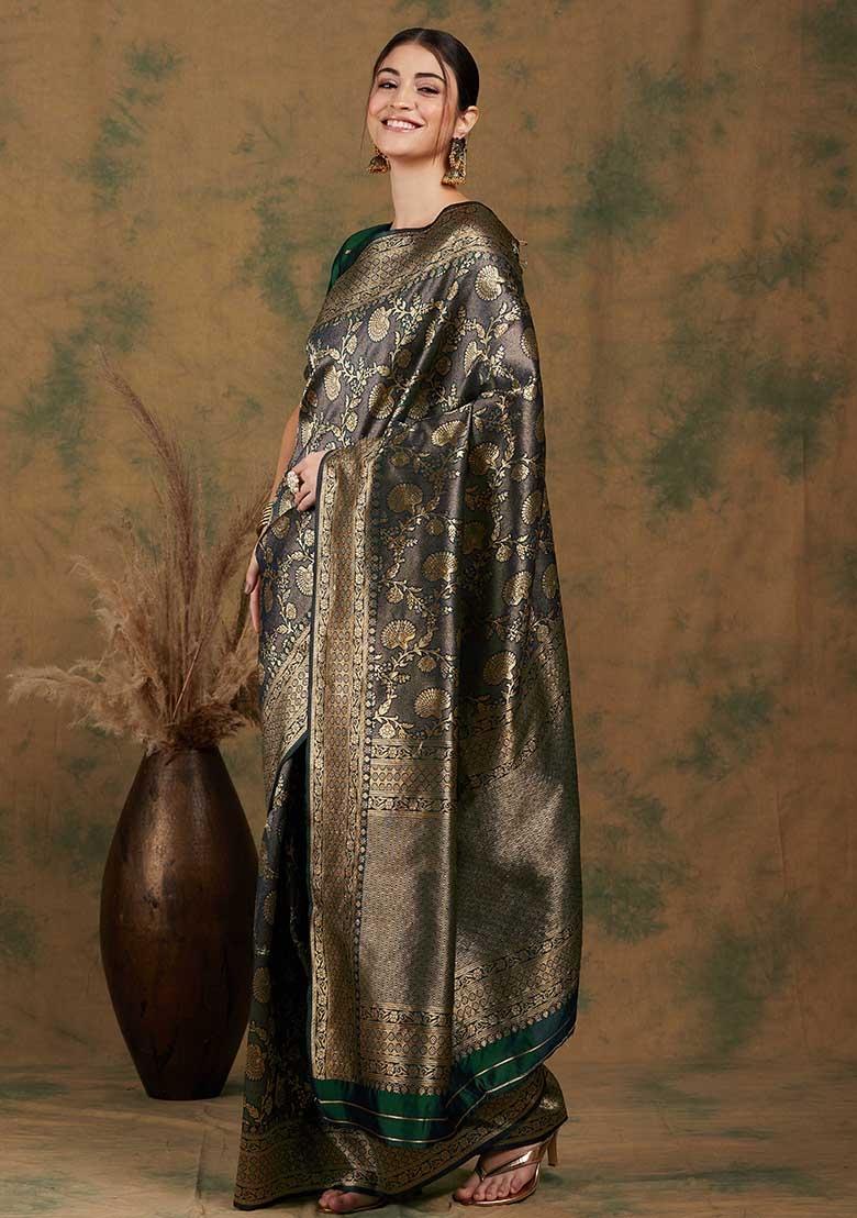 Mehandi Embroidered Silk Saree Set