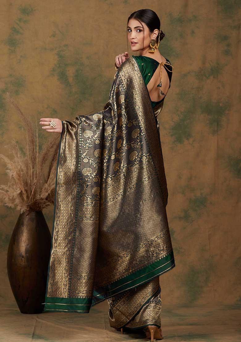 Mehandi Embroidered Silk Saree Set