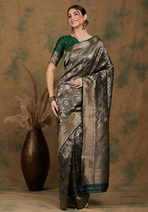 Mehandi Embroidered Silk Saree Set