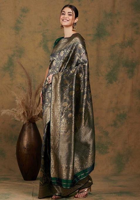 Mehandi Embroidered Silk Saree Set