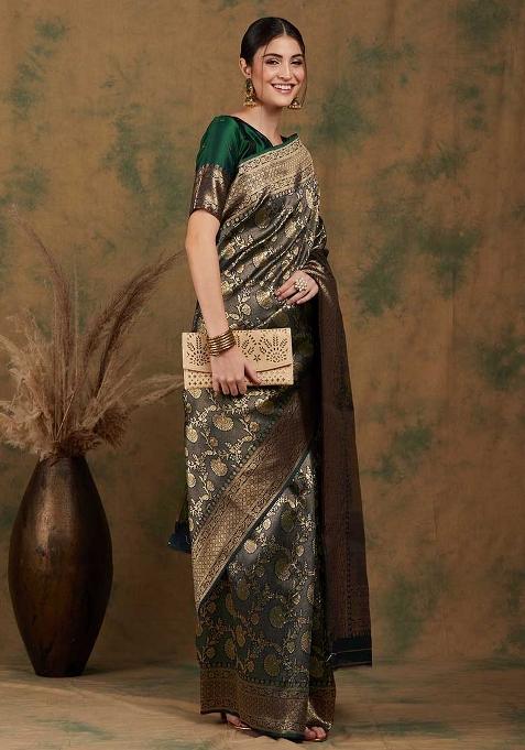 Mehandi Embroidered Silk Saree Set