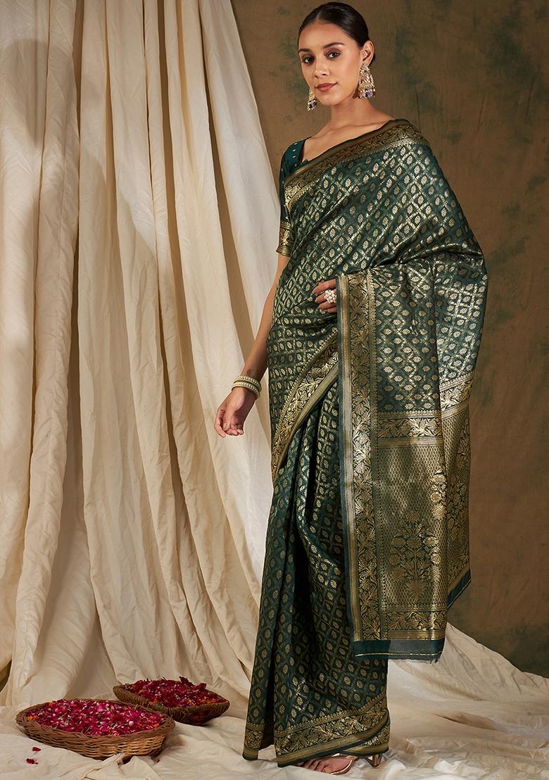 Mehandi Embroidered Silk Saree Set