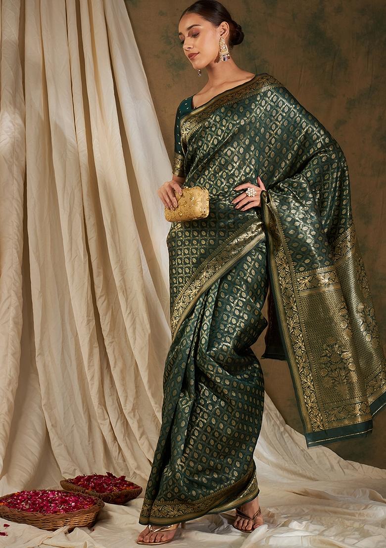 Mehandi Embroidered Silk Saree Set - Indya