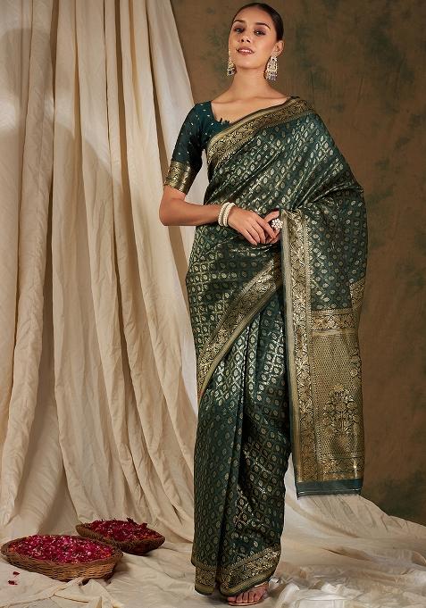 Mehandi Embroidered Silk Saree Set