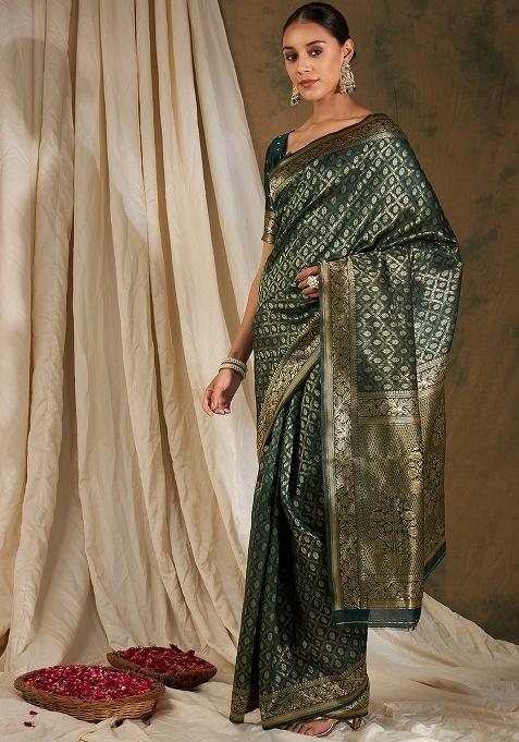 Mehandi Embroidered Silk Saree Set