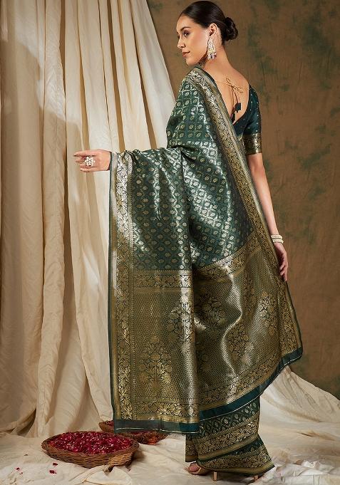 Mehandi Embroidered Silk Saree Set