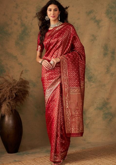 Red Embroidered Silk Saree Set