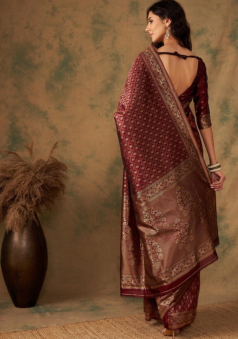 Maroon Embroidered Silk Saree Set