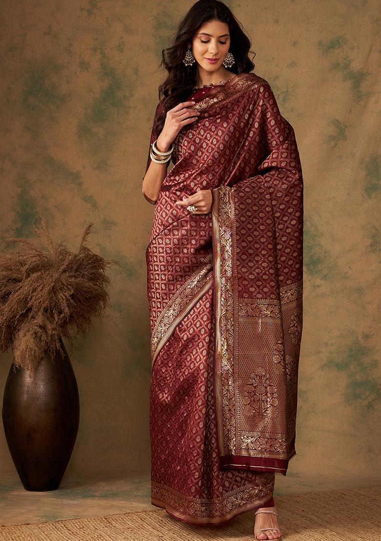 Maroon Embroidered Silk Saree Set