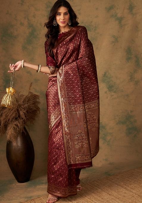 Maroon Embroidered Silk Saree Set