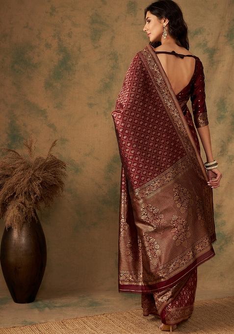 Maroon Embroidered Silk Saree Set