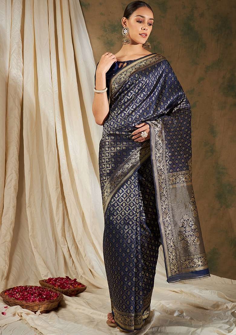Navy Blue Embroidered Silk Blend Saree Set for Diwali and Festive Wear - Indya
