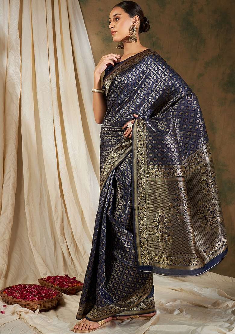 Navy Blue Embroidered Silk Blend Saree Set for Diwali and Festive Wear - Indya