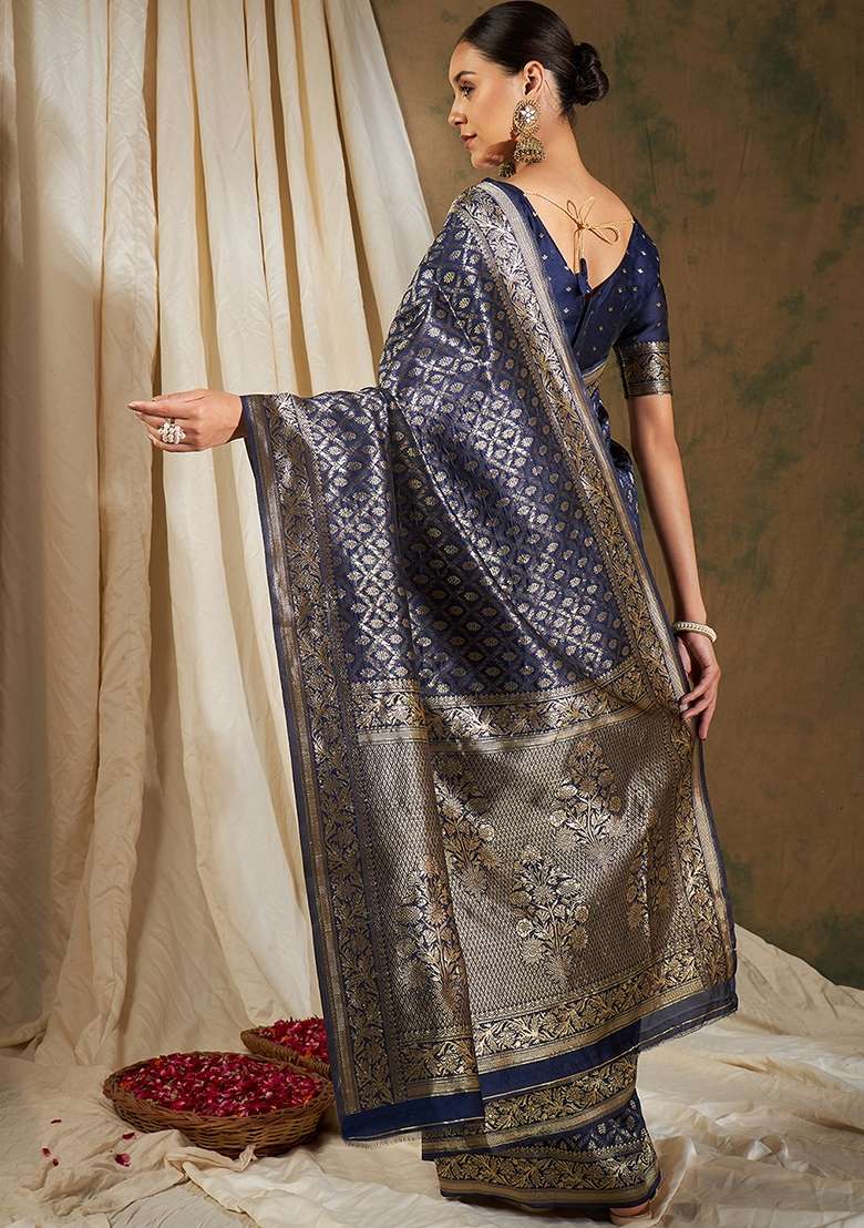 Navy Blue Embroidered Silk Blend Saree Set for Diwali and Festive Wear - Indya