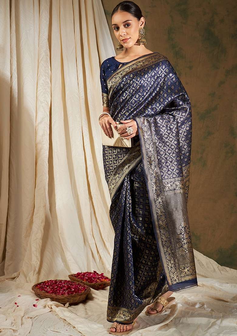 Navy Blue Embroidered Silk Blend Saree Set for Diwali and Festive Wear - Indya
