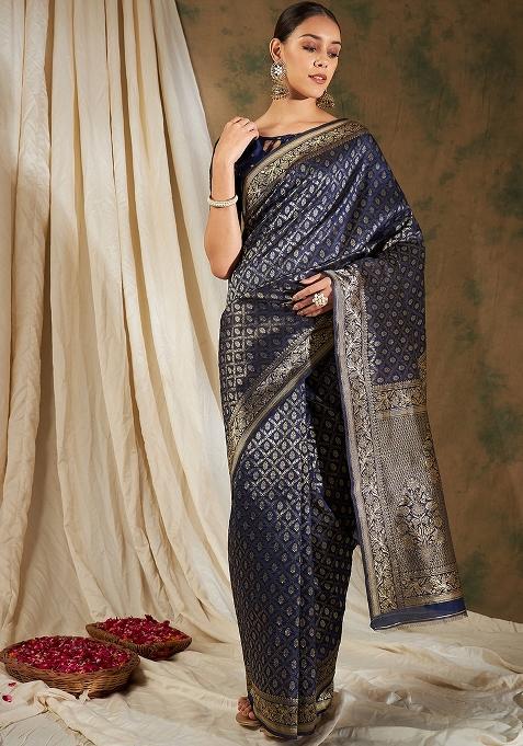 Navy Blue Embroidered Silk Saree Set