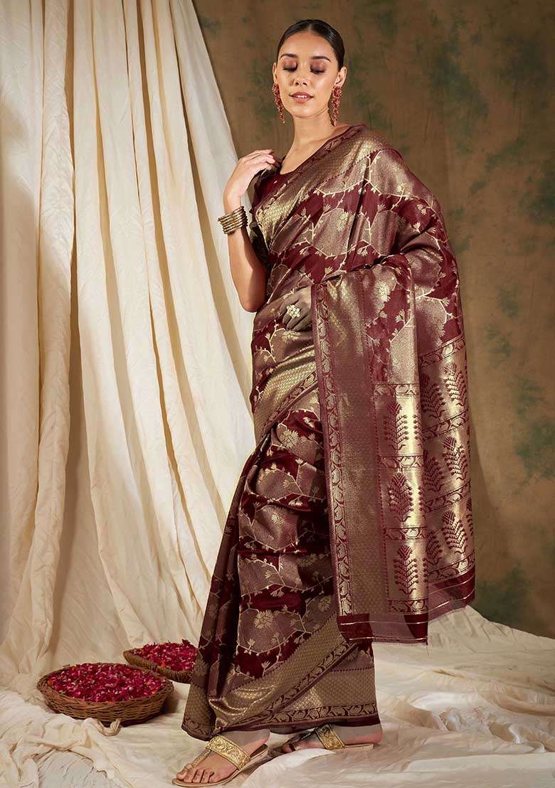 Maroon Silk Blend Saree Set with Embroidered for Diwali | Wedding & Festive Wear - Indya