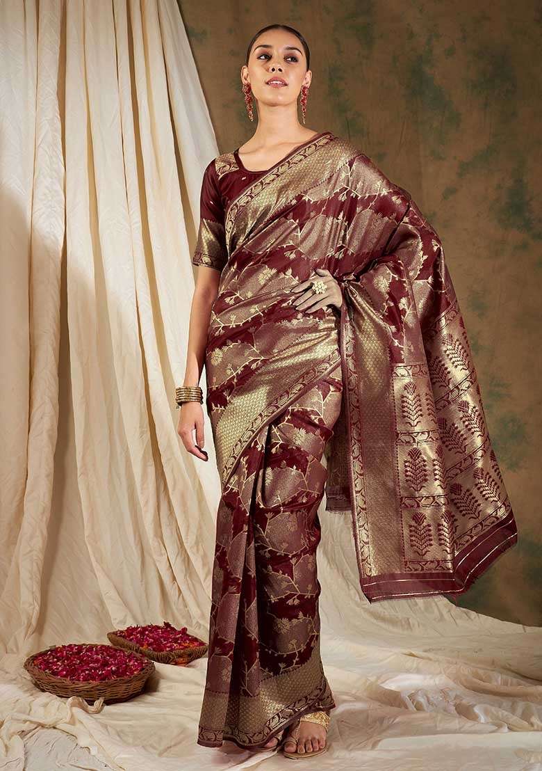 Maroon Silk Blend Saree Set with Embroidered for Diwali | Wedding & Festive Wear - Indya