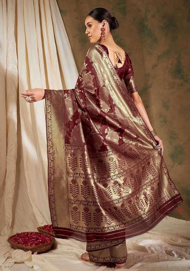 Maroon Silk Blend Saree Set with Embroidered for Diwali | Wedding & Festive Wear - Indya