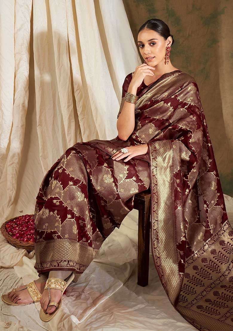 Maroon Silk Blend Saree Set with Embroidered for Diwali | Wedding & Festive Wear - Indya