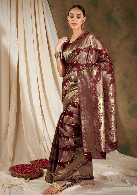 Maroon Embroidered Silk Saree Set