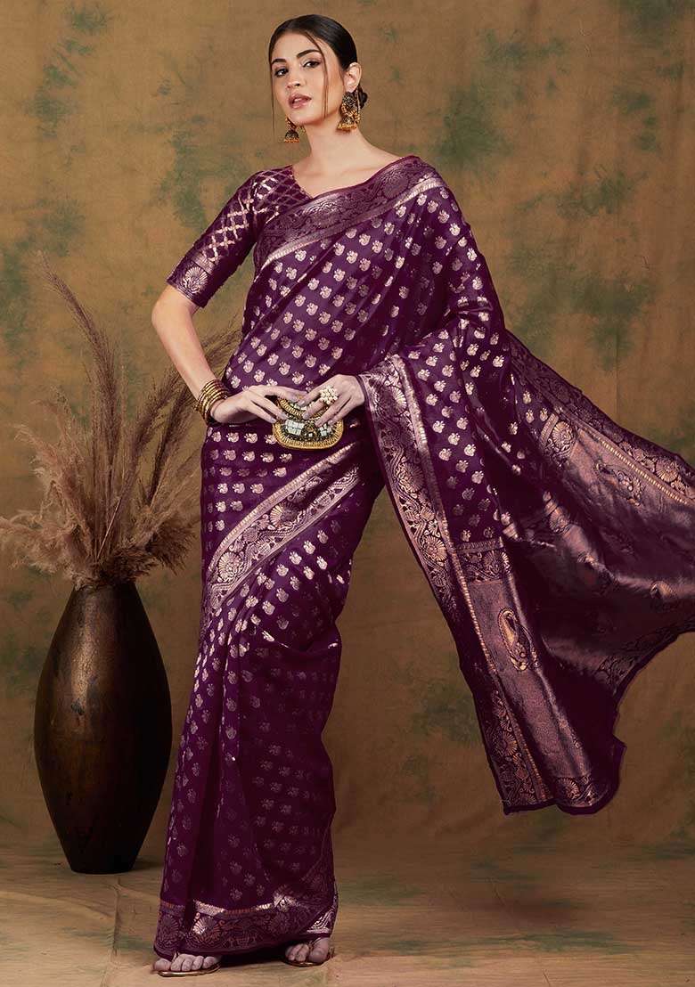 Purple Silk Blend Saree Set with Embroidered for Diwali | Wedding & Festive Wear - Indya