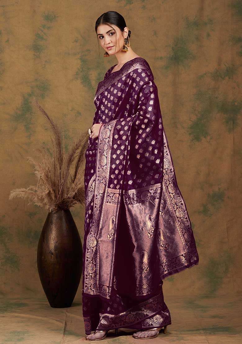 Purple Silk Blend Saree Set with Embroidered for Diwali | Wedding & Festive Wear - Indya