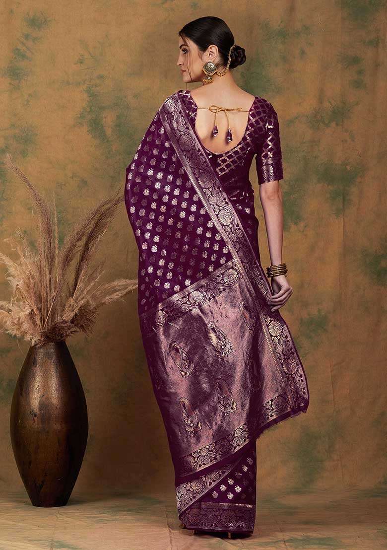 Purple Silk Blend Saree Set with Embroidered for Diwali | Wedding & Festive Wear - Indya