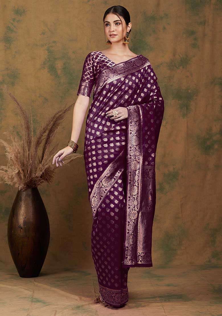 Purple Silk Blend Saree Set with Embroidered for Diwali | Wedding & Festive Wear - Indya