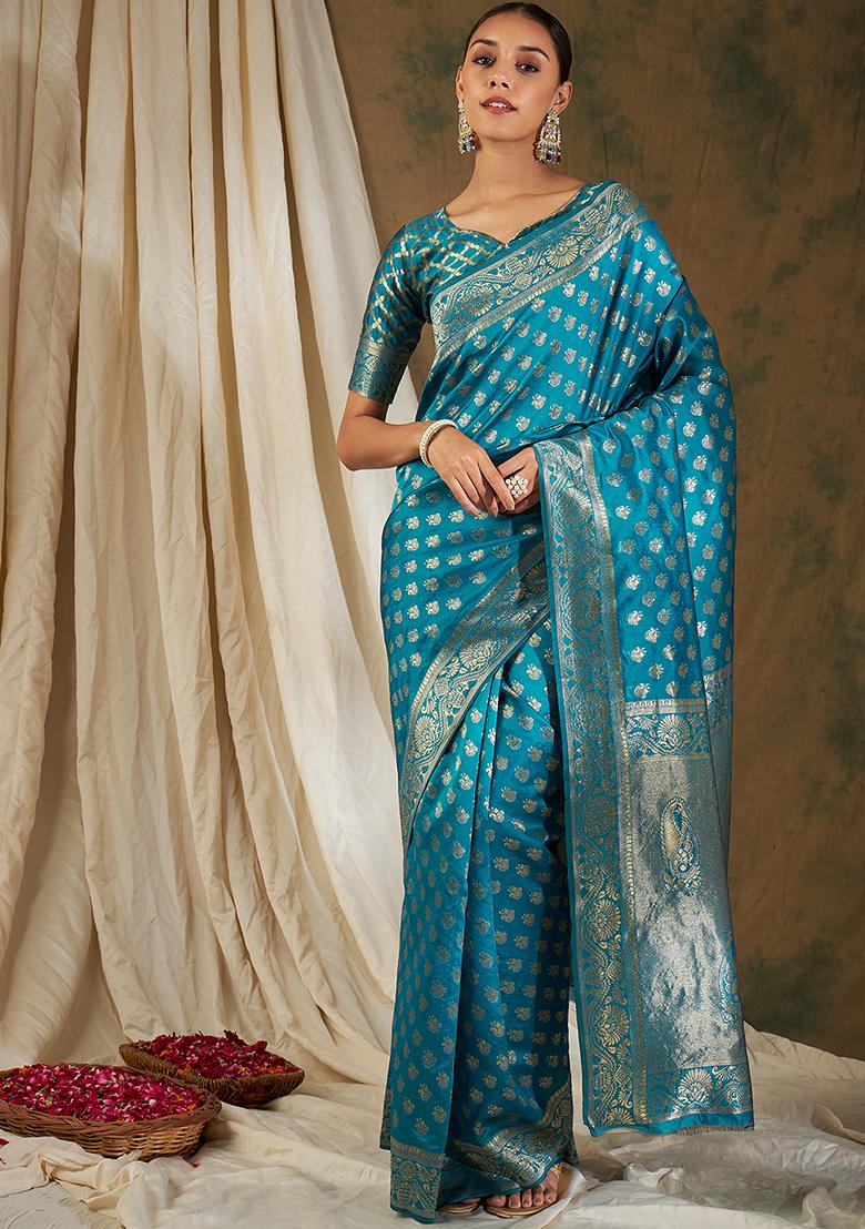 Sky Blue Embroidered Silk Saree Set