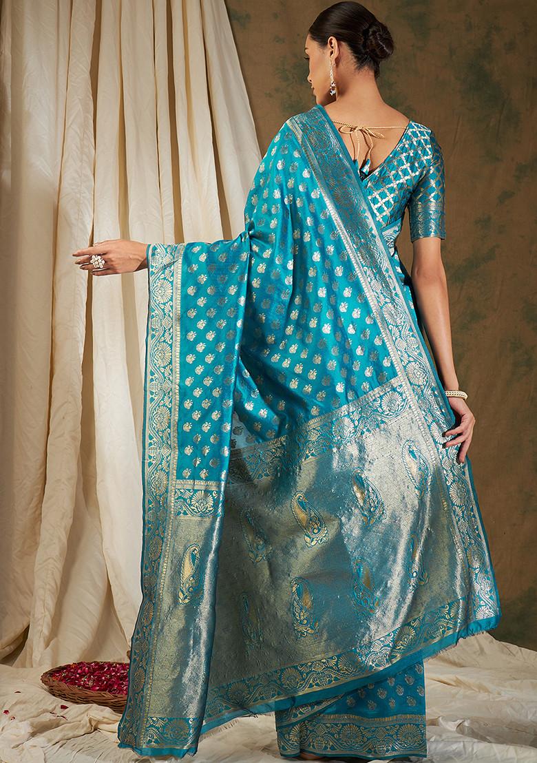 Sky Blue Embroidered Silk Saree Set