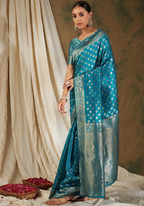 Sky Blue Embroidered Silk Saree Set