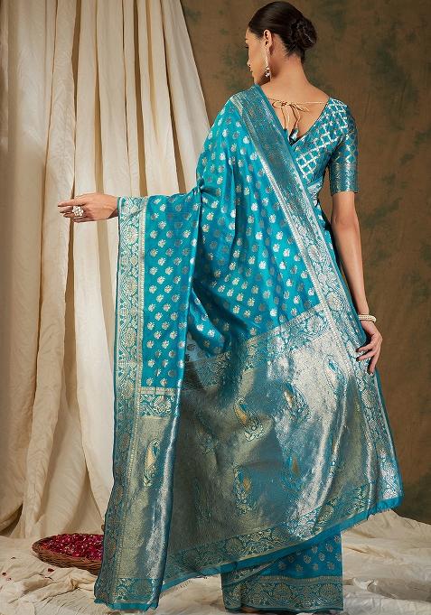 Sky Blue Embroidered Silk Saree Set