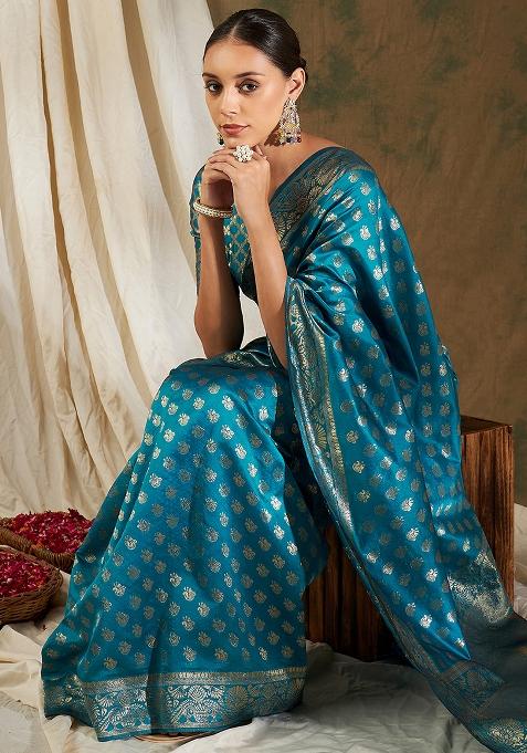 Sky Blue Embroidered Silk Saree Set