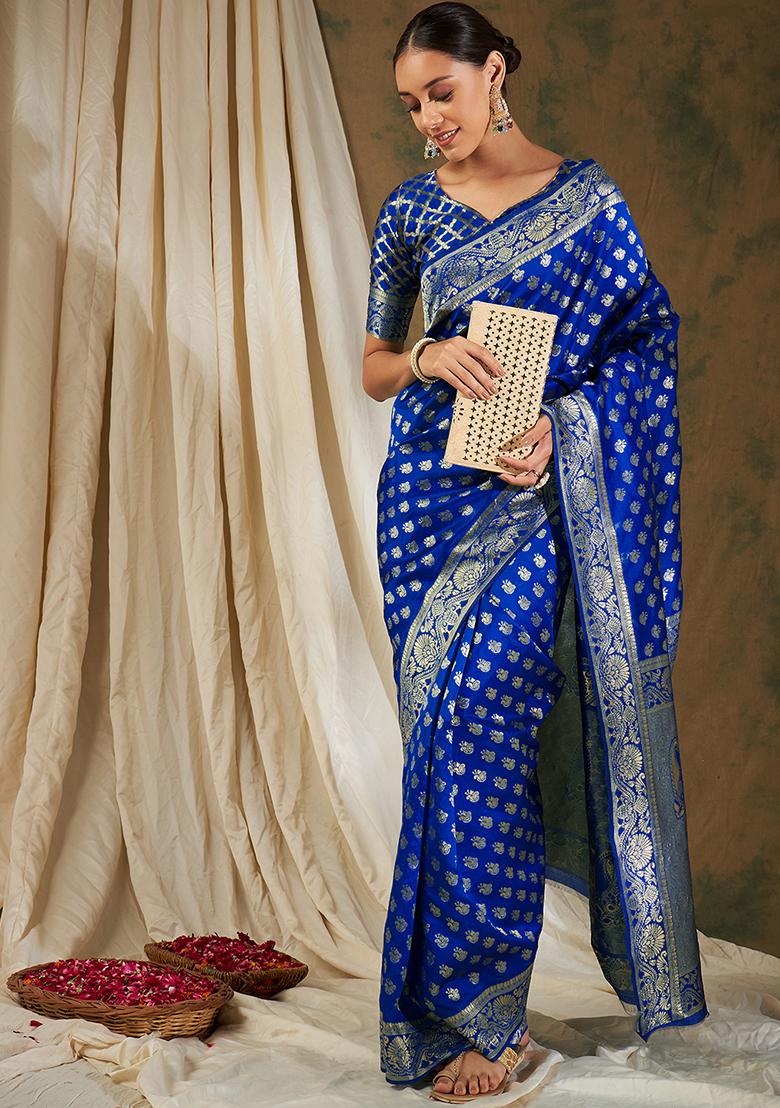 Royal Blue Embroidered Silk Saree Set
