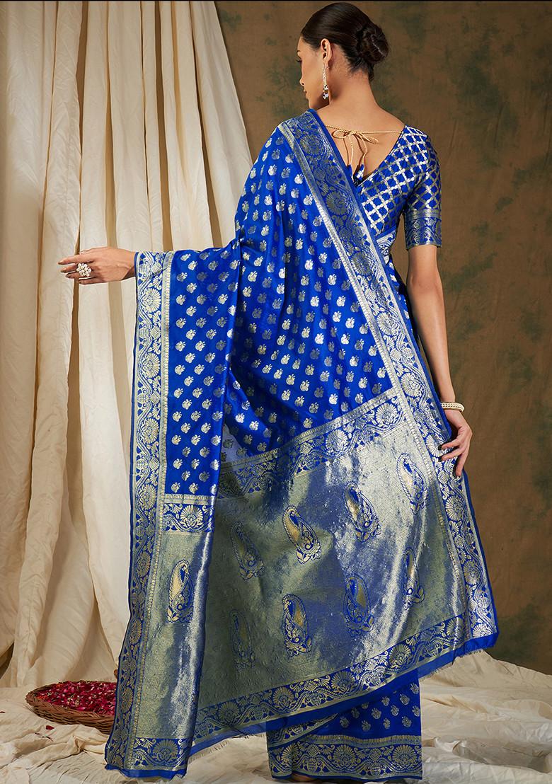 Royal Blue Embroidered Silk Saree Set