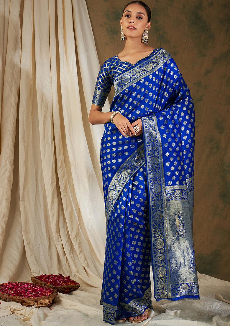 Royal Blue Embroidered Silk Saree Set