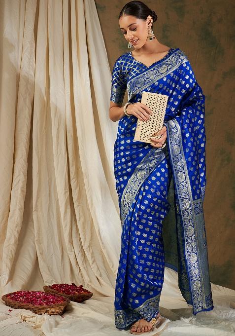 Royal Blue Embroidered Silk Saree Set
