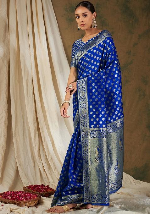Royal Blue Embroidered Silk Saree Set