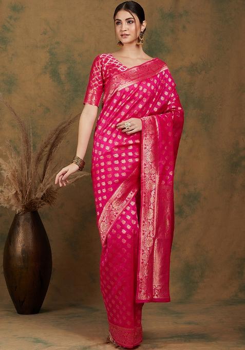 Pink Embroidered Silk Saree Set