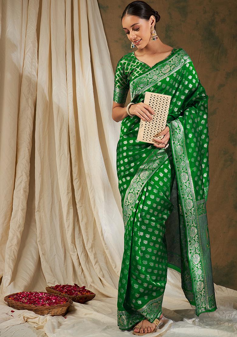 Green Embroidered Silk Saree Set - Indya